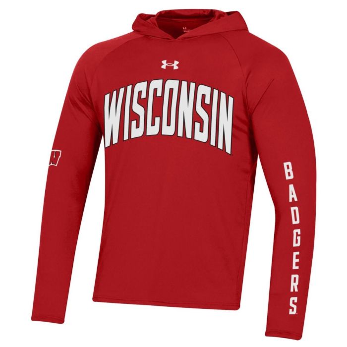 Wisconsin Badgers Under Armour Red Double Sleeve Tech Hooded Sweatshirt