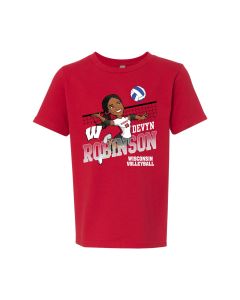 Wisconsin Badgers Red Youth Volleyball Devyn Robinson Caricature Spike T-Shirt