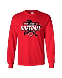 Wisconsin Badgers Red Softball Player Outline Long Sleeve T-Shirt