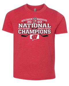 Wisconsin Badgers Red Youth Women's Hockey 2023 National Champions Cross Sticks T-Shirt