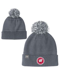 Wisconsin Badgers Under Armour Gray Round Patch Cuffed Pom Knit