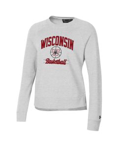 Wisconsin Badgers Under Armour Gray Women's Basketball Block Script Rival Fleece Crewneck Sweatshirt