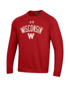 Wisconsin Badgers Under Armour Red Arch Block W Tackle Twill Crewneck Sweatshirt