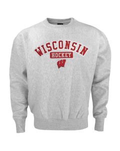 Wisconsin Badgers Silver Gray Hockey Tackle Twill Disc Crewneck Sweatshirt