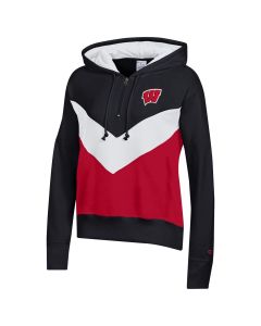 Wisconsin Badgers Champion Red Black & White Women's Superfan Big Stripe Hooded Sweatshirt