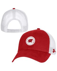 Wisconsin Badgers Under Armour Red Circle Patch Trucker Adjustable Snapback Cap