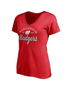 Wisconsin Badgers Red Women's Arc Script V-Neck T-Shirt