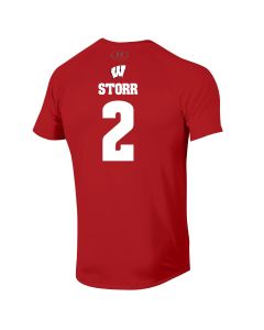 Wisconsin Badgers Under Armour Red Basketball #2 Storr Name & Number Performance Cotton T-Shirt